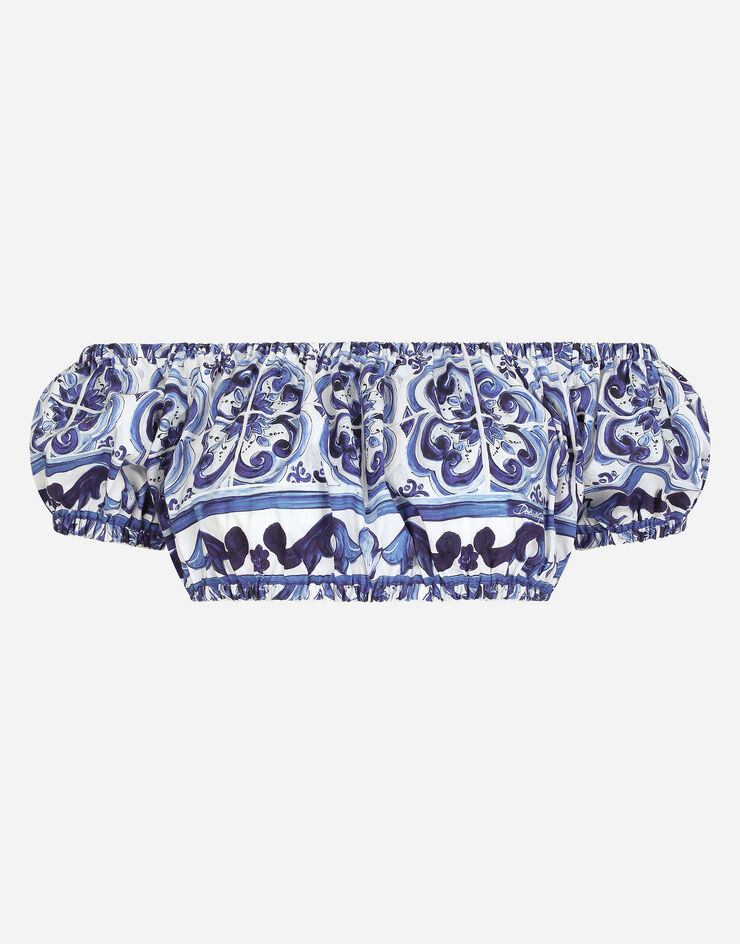Dolce & Gabbana Kurzes Oberteil aus Popeline Majolika-Print Mehrfarbig F755RTHH5BA