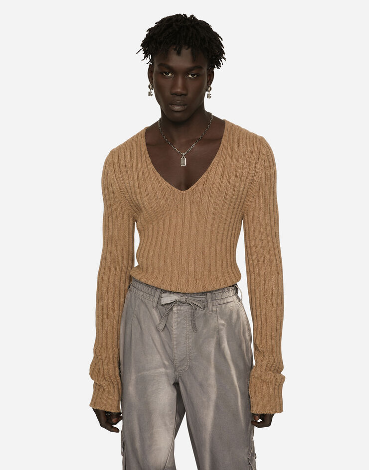 Dolce&Gabbana Ribbed camel V-neck sweater Beige GXR06TJCVH1