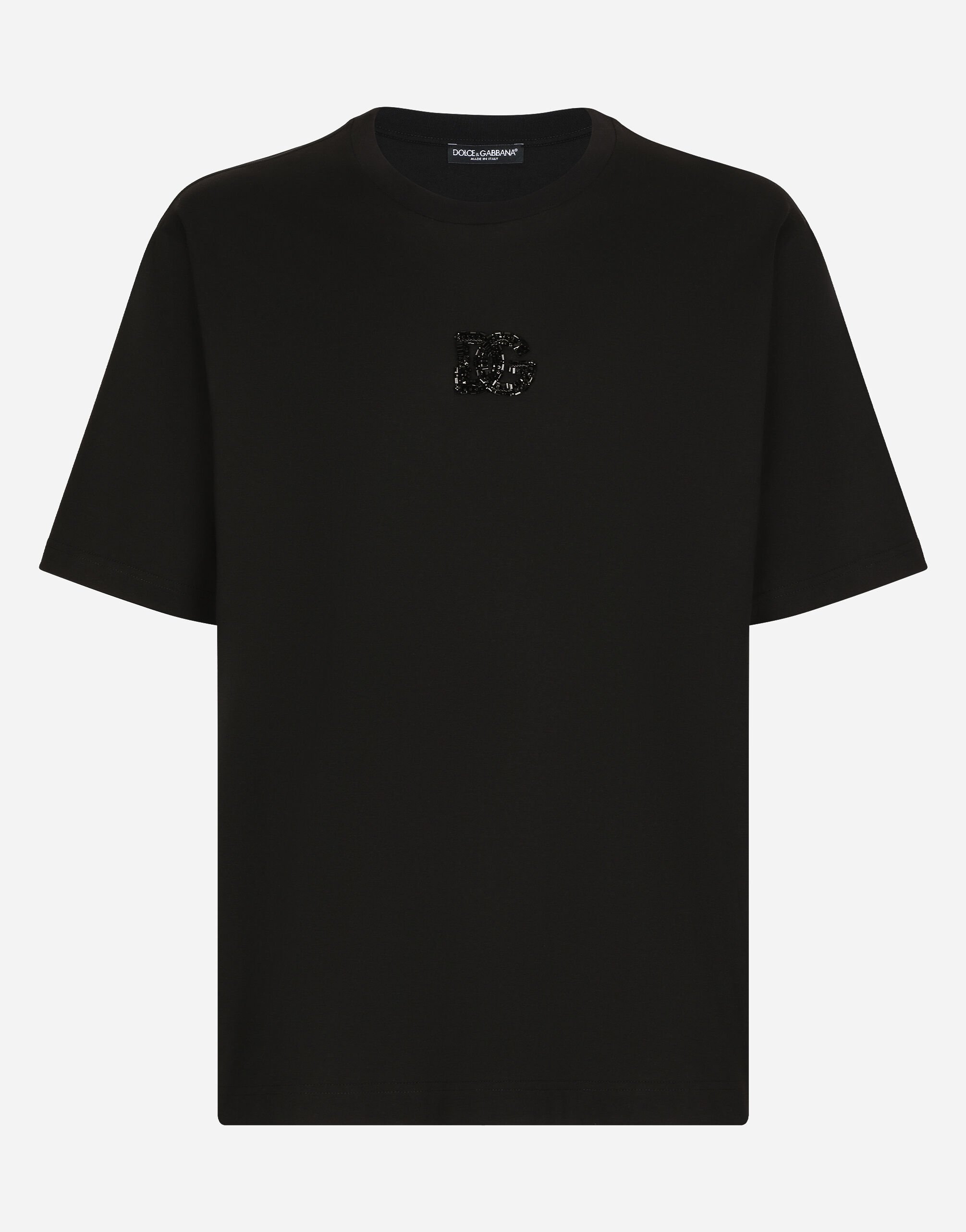 Dolce & Gabbana T-shirt in cotone con patch DG strass Nero G9ZU0ZG7K4P