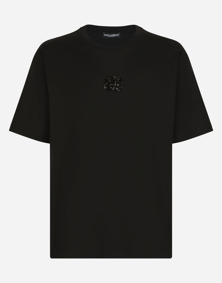 Dolce & Gabbana Cotton T-shirt with rhinestone-detailed DG patch Black G8PN9ZG7K1P