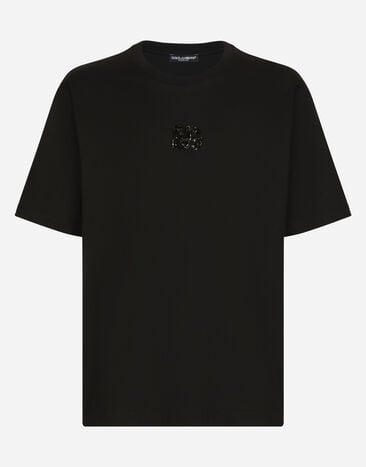 Dolce & Gabbana Baumwoll-T-Shirt mit DG-Strass-Patch Schwarz G9ZU0ZG7K4P