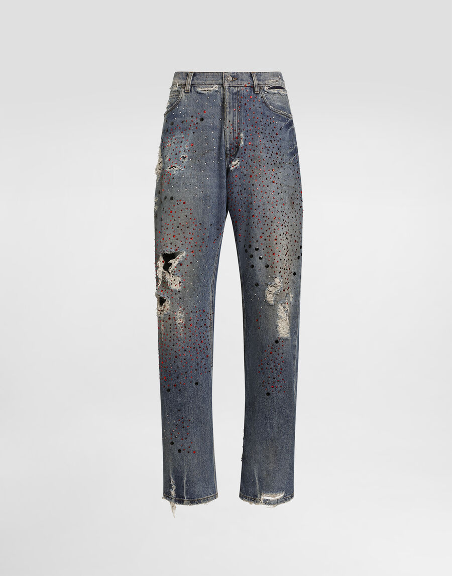 Denim trousers with rhinestones