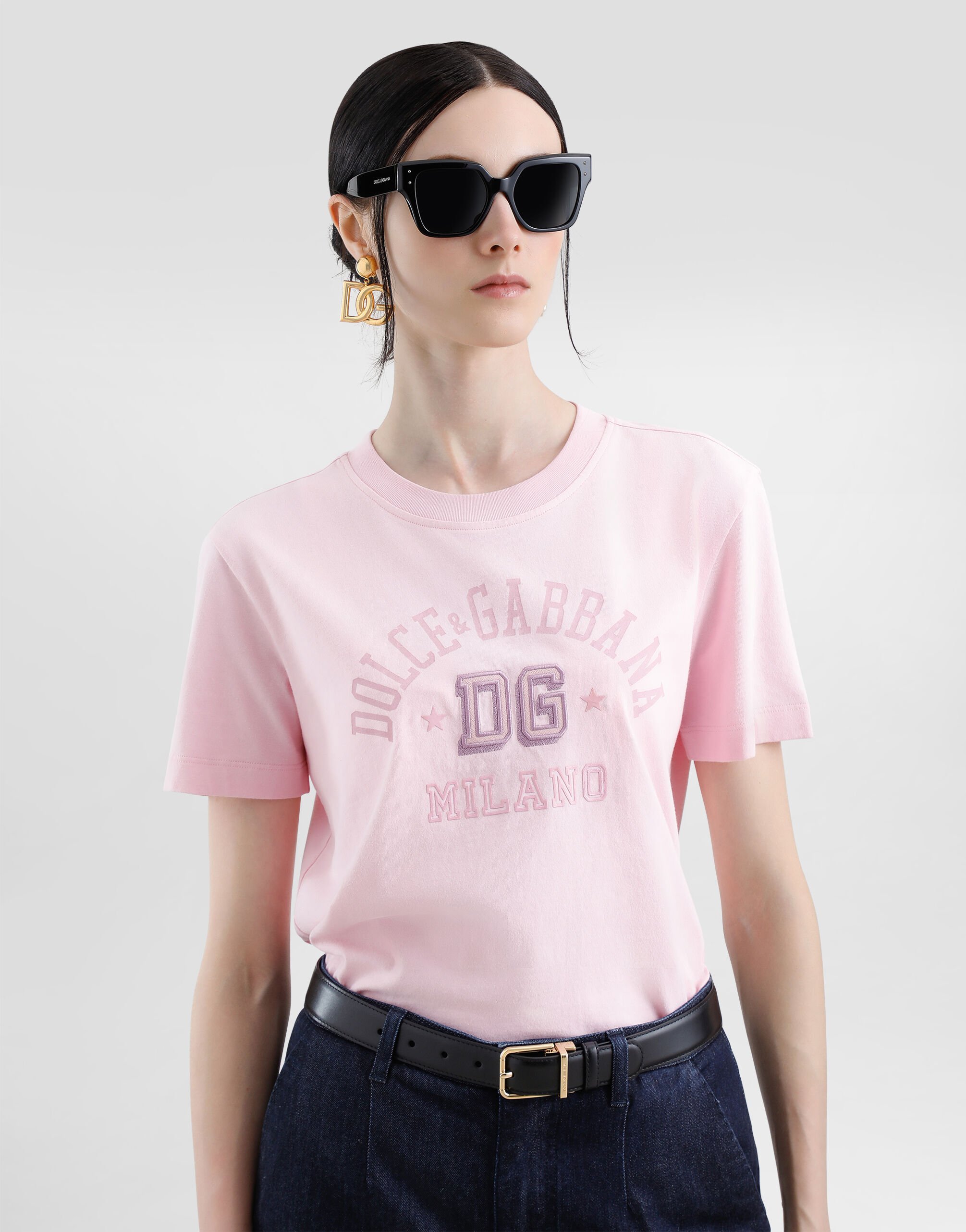Oversize jersey T-shirt with raised DG logo embroidery in Pink for Women |  Dolce&Gabbana® US