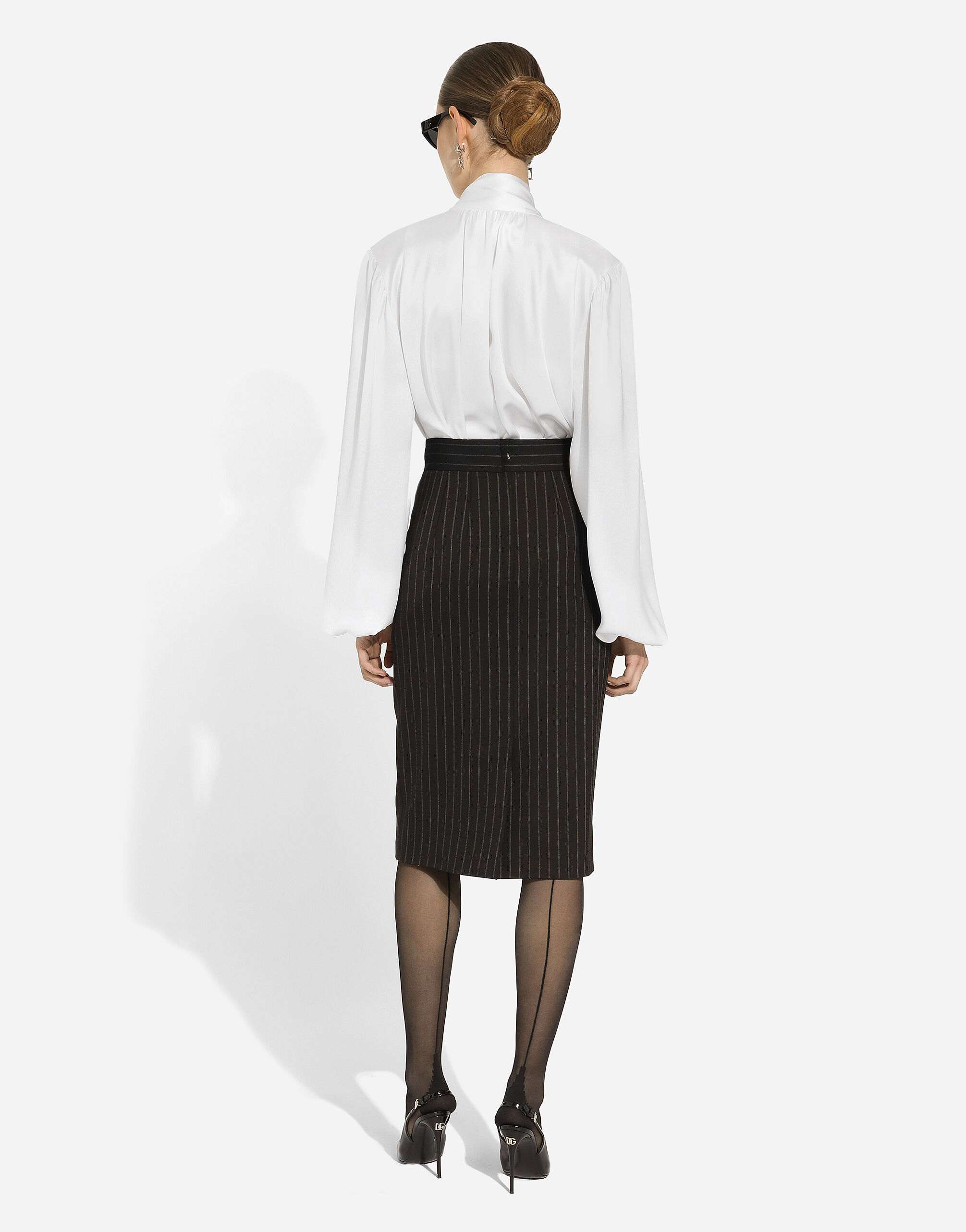 Short straight-cut pinstripe wool skirt in Multicolor for Women