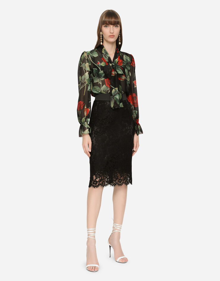 Dolce & Gabbana Textured chiffon pussy-bow shirt with rose print Multicolor F5N69TIS1JB
