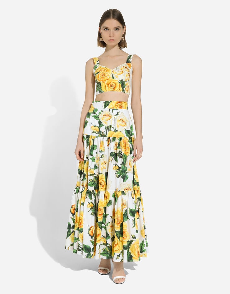 Dolce & Gabbana Long ruffled skirt in yellow rose-print cotton Print F4A8QTHS5M3