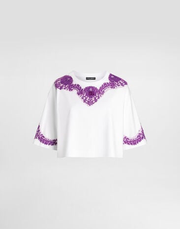 Dolce & Gabbana Camiseta de punto con encaje y parche DG Blanco F8V65ZGDDBN