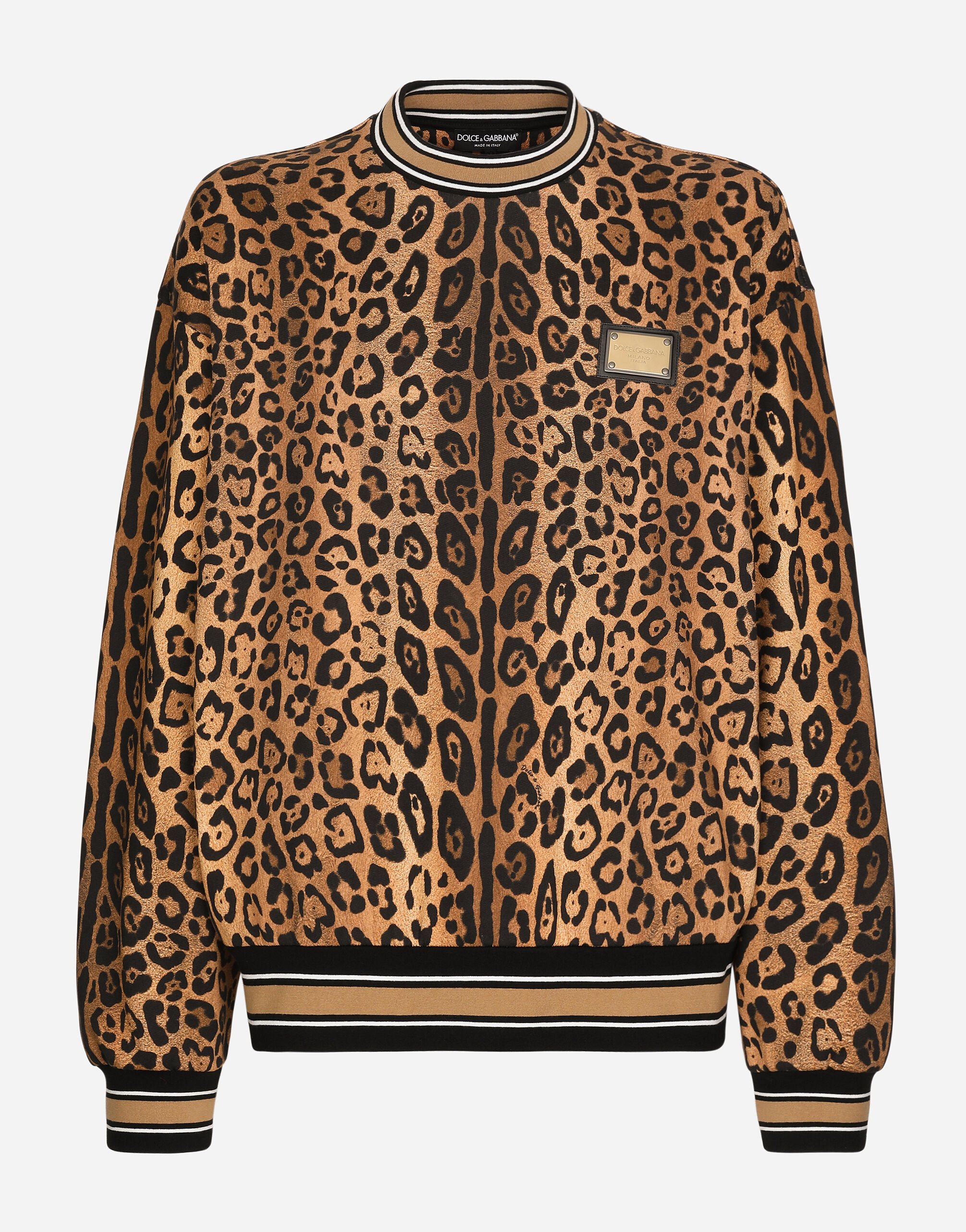Dolce & Gabbana Sudadera con cuello redondo y crespo estampado leopardo con placa Beige G9AKPZG7NQI