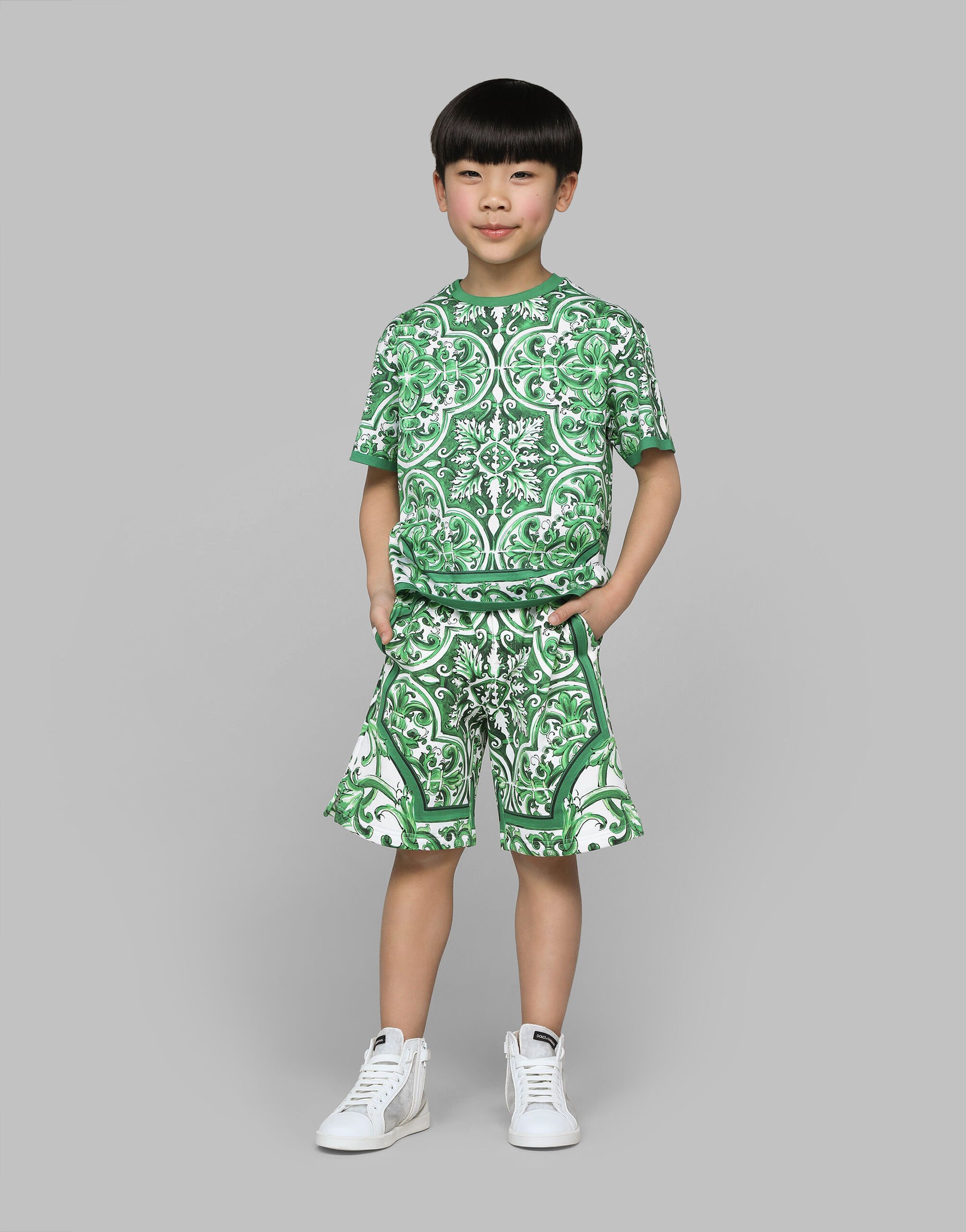 Jersey shorts with green majolica print Dolce Gabbana