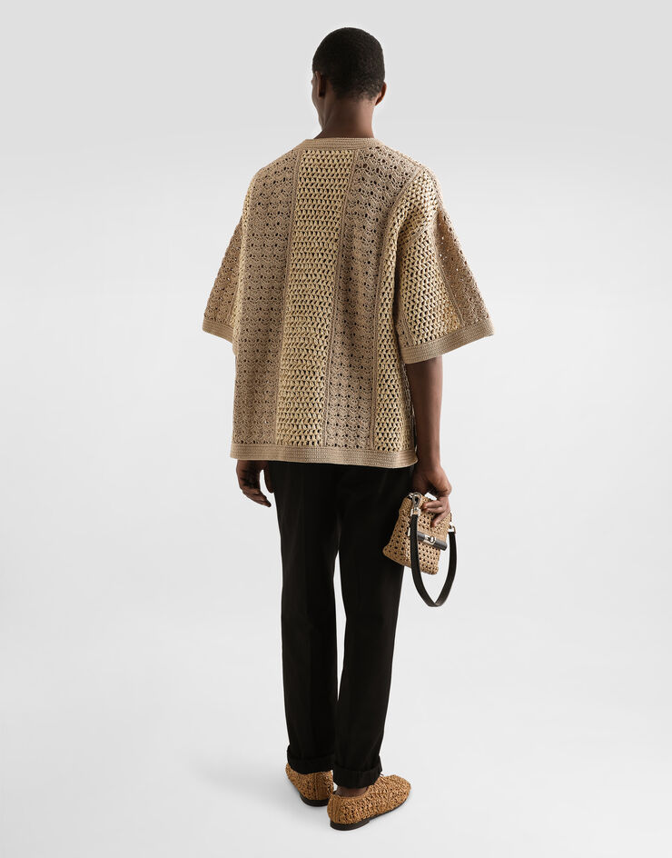 Dolce & Gabbana Jersey de cuello redondo de ganchillo de algodón y viscosa Beige GXXA1TJFMNE