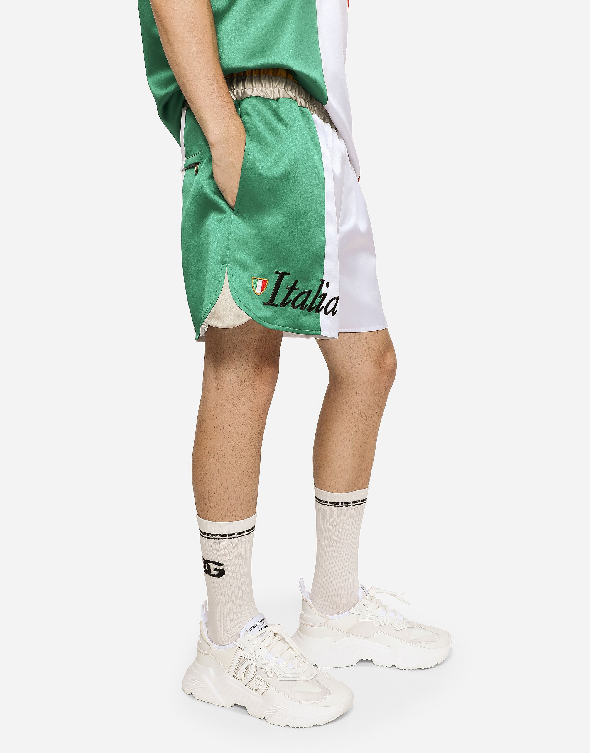 Satin shorts with DG patch in Multicolor for Men | Dolce&Gabbana® US