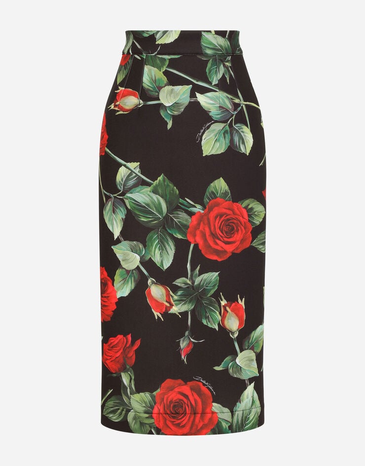 Dolce & Gabbana Falda midi de punto técnico con estampado rosas Multicolor F4B6VTFSSF2