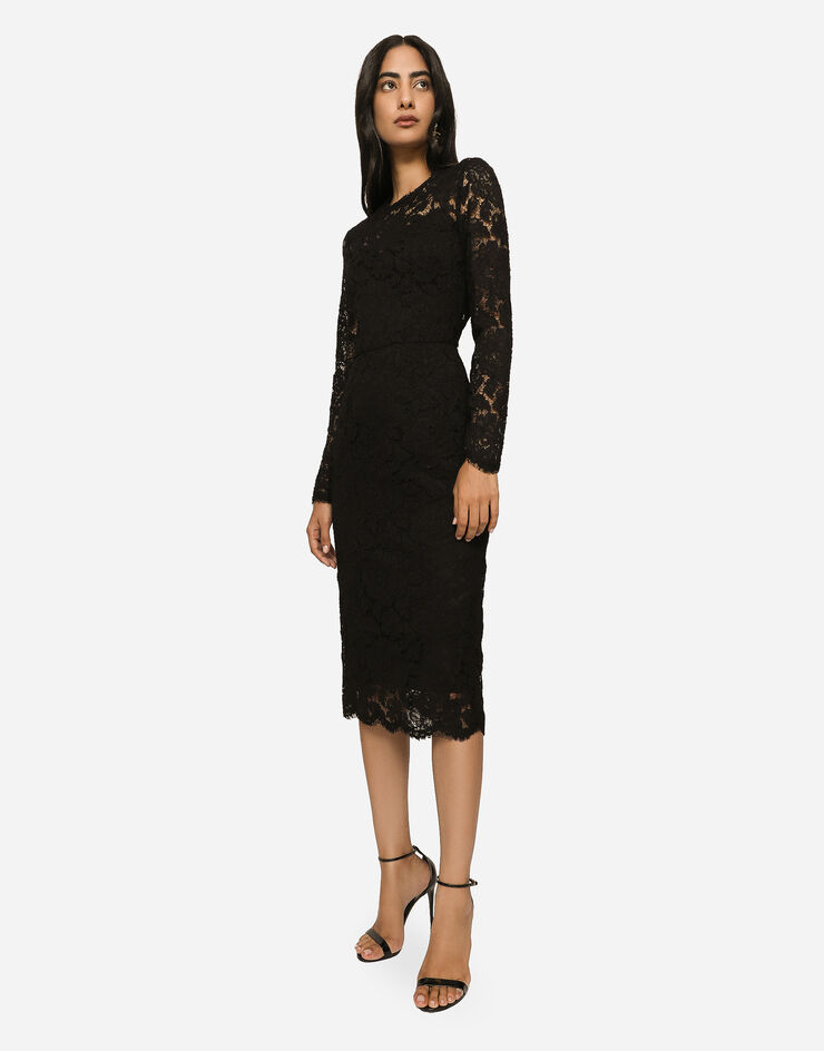 Dolce & Gabbana Longuette-Langarmkleid aus elastischer Spitze mit Logo Schwarz F6M0DTHLM7L
