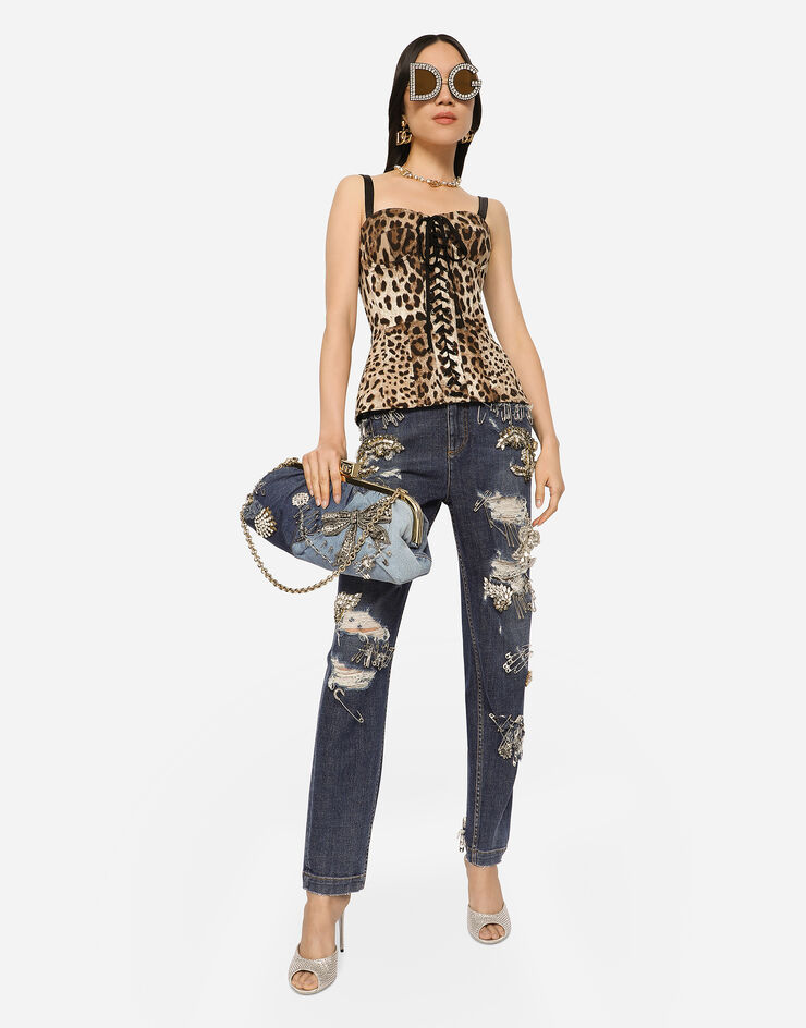 Dolce & Gabbana Corsé de dril con estampado de leopardo con cordones Estampado Animalier F72S4TFSFAG