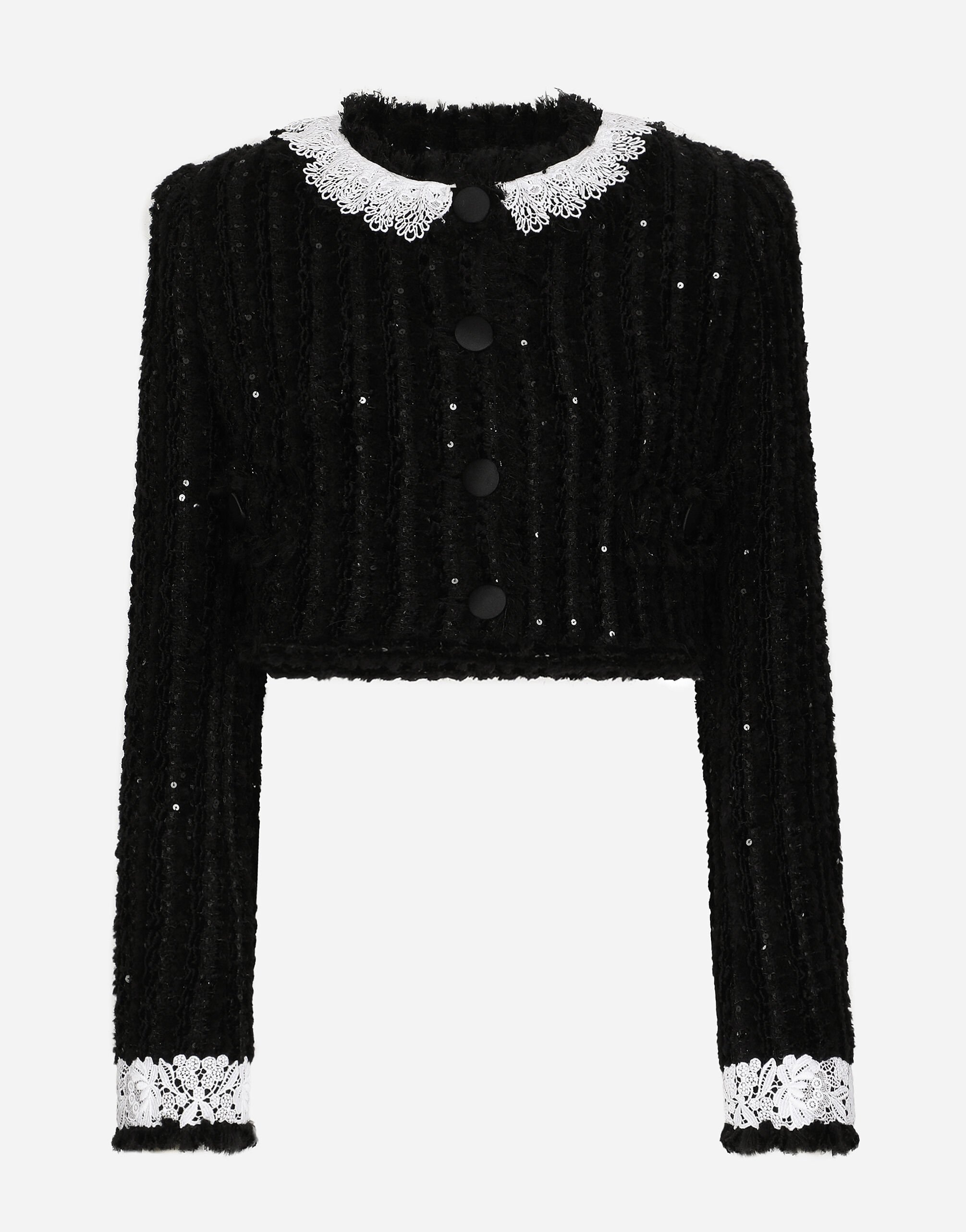 Dolce & Gabbana Giacca corta in tweed ricamo micropaillettes Nero F0D1OTFUMG9