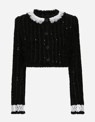 Dolce & Gabbana Short tweed jacket with micro-sequin embellishment Black F4CT6THLMLQ