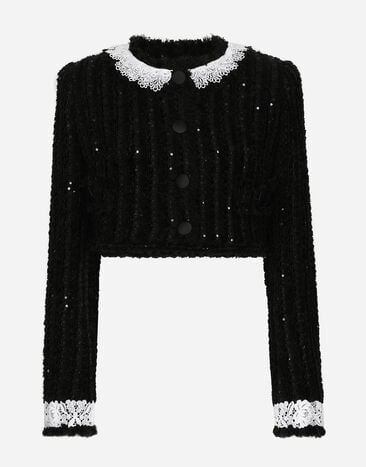 Dolce & Gabbana Veste courte en tweed à micro paillettes brodées Noir F0D1OTFUMG9
