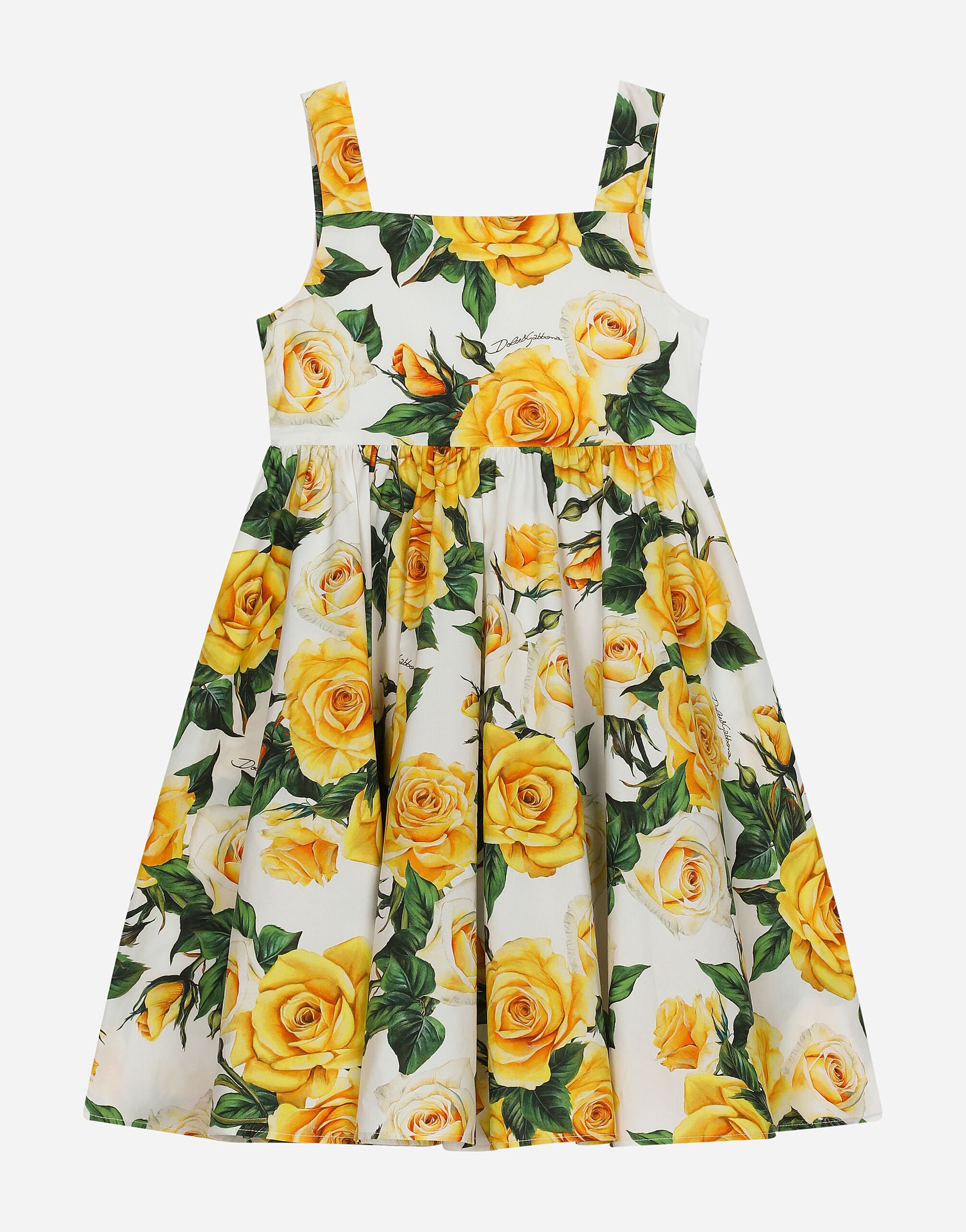 Dolce & Gabbana Kleid aus Popeline Print gelbe Rosen Weiss EB0003A1067