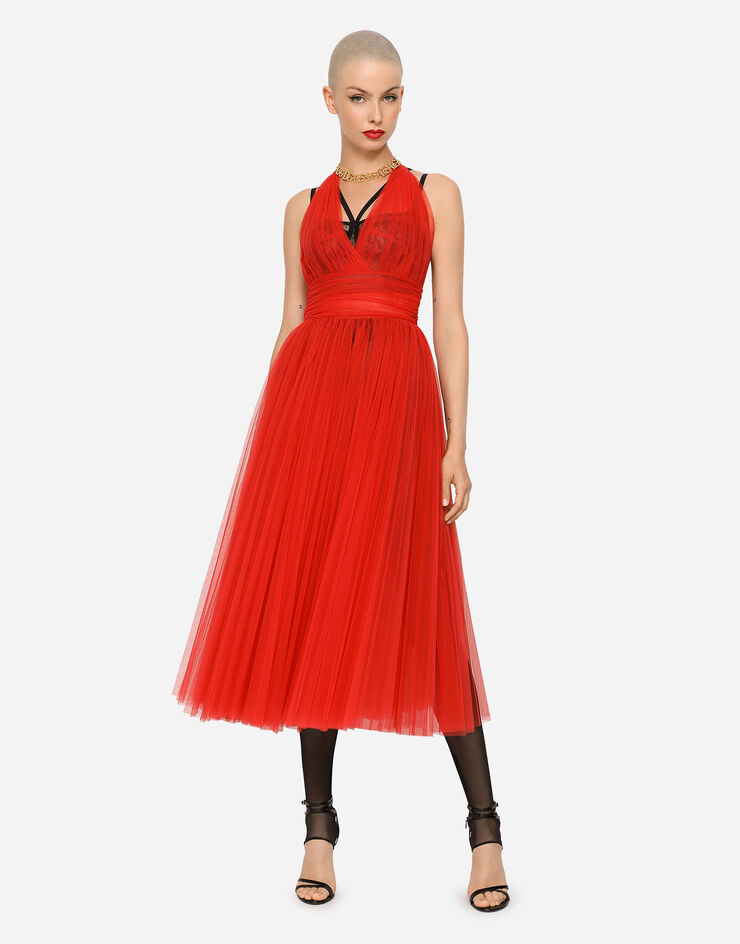 Dolce & Gabbana Tulle calf-length dress with sunray pleats Red F6R8HTHLM0U