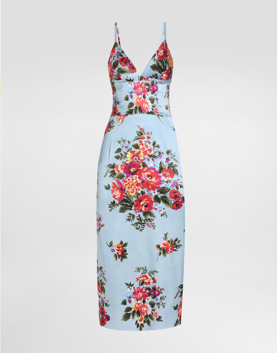 Flower bouquet-print satin dress