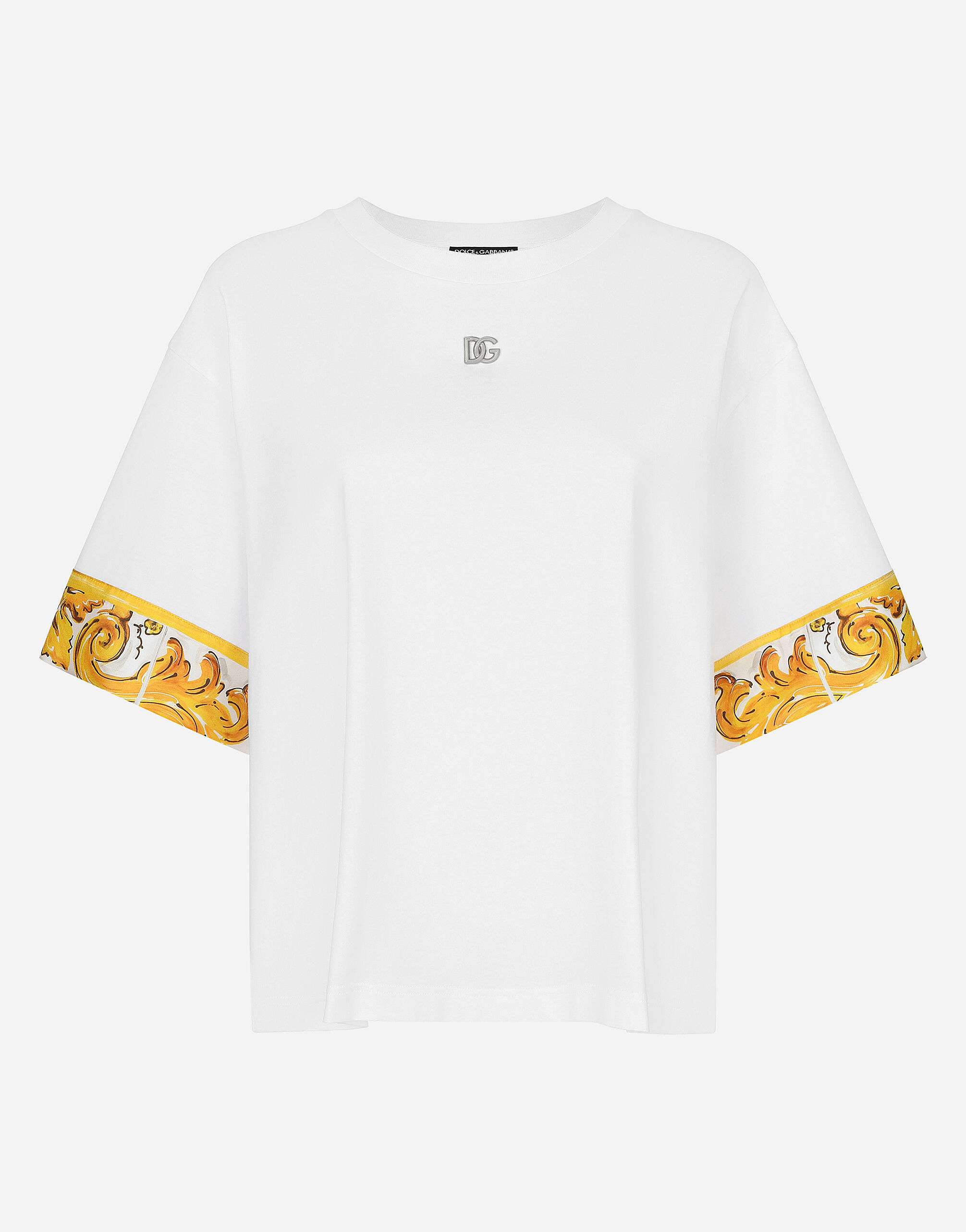 Cotton jersey T shirt with majolica print silk twill details in White for Women Dolce Gabbana US