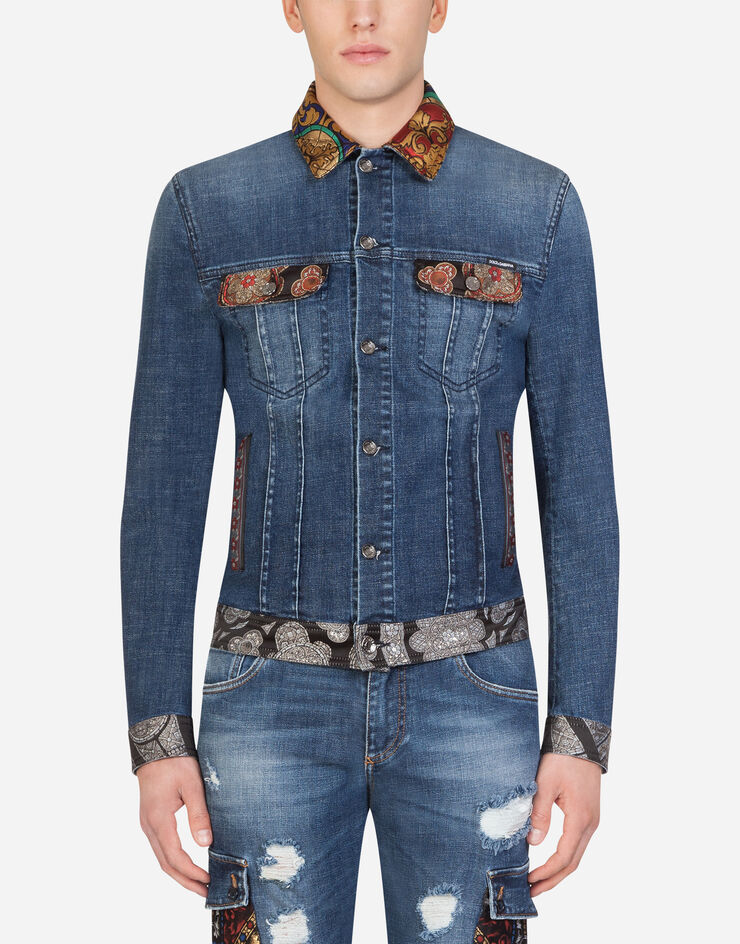 Dolce & Gabbana STRETCH DENIM JACKET WITH JAQUARD STAINED GLASS WINDOW STYLE INSERTS BLEU G9OH7DG8CD3