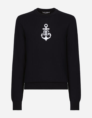 Dolce & Gabbana Jersey de cuello redondo de lana virgen con bordado Marina Negro GXZ38ZJBCDS