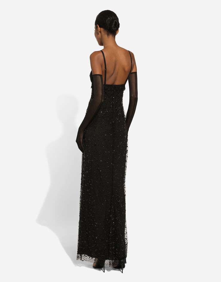 Dolce&Gabbana 整体水钻刺绣薄纱长款吊带连衣裙 黑 F6DFFZHLSAZ
