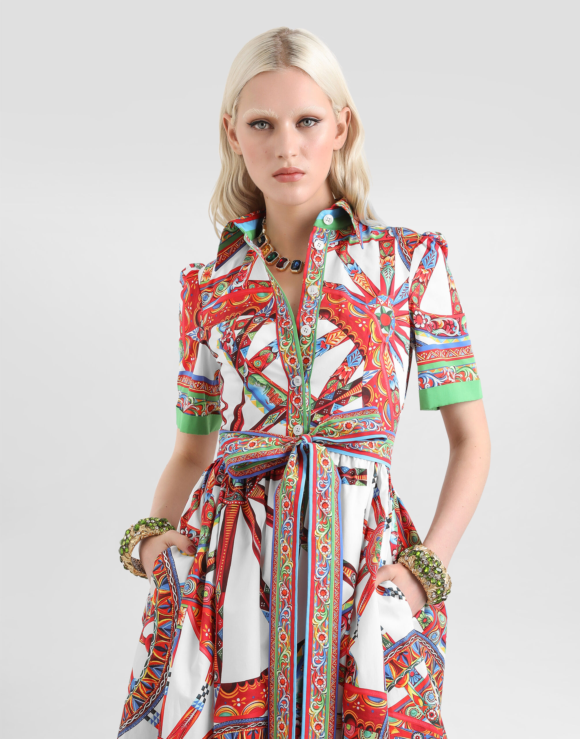Carretto-print poplin shirt dress in Multicolor for Women