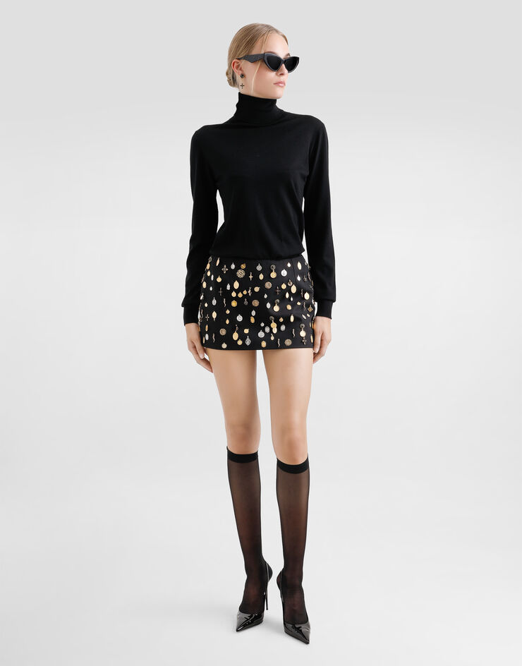 Dolce & Gabbana Minifalda de tela de algodón con bordado integral de medallitas Negro F4CC8ZGDCS7