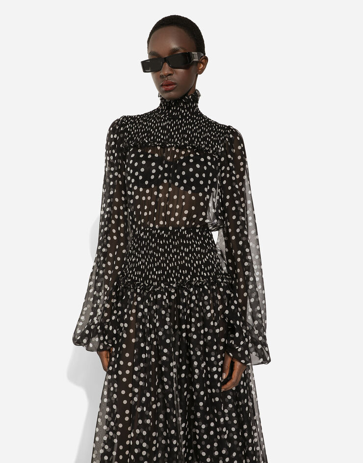 Dolce & Gabbana Abito longuette con punto smock in chiffon stampa micro pois Stampa F6GADTHS1KD