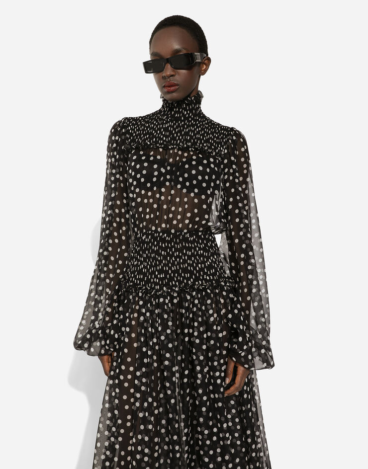 Dolce & Gabbana Chiffon midi dress with smock stitching and micro-polka dot print プリ F6GADTHS1KD
