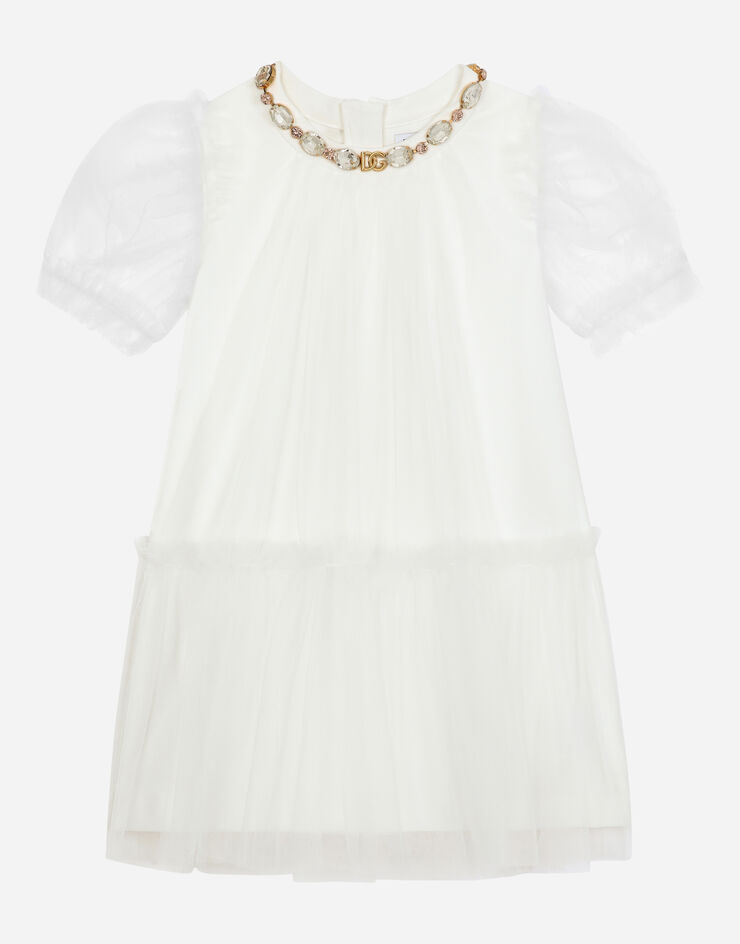Dolce & Gabbana Abito midi in tulle con dettaglio gioiello White L53DL3G7I3Y