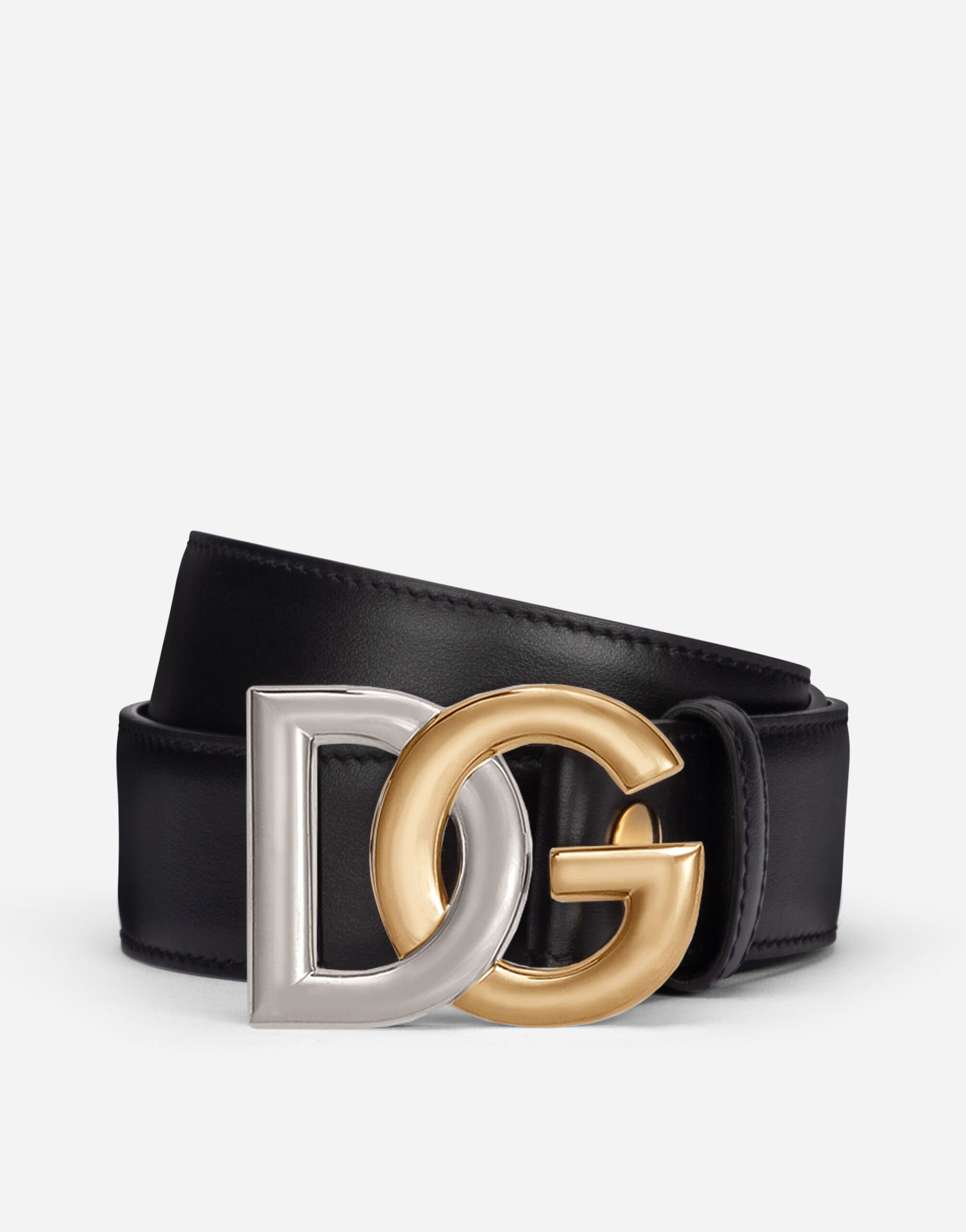 Dolce & Gabbana Cinturón en piel de becerro con logotipo DG bigalvanizado Negro BC4646AX622