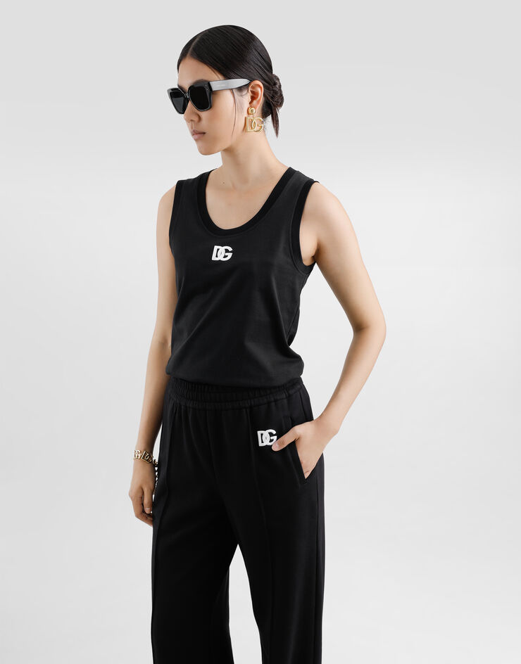 Dolce & Gabbana Oversize-Tanktop aus Jersey mit DG-Logostickerei Schwarz F8M64ZGDCYD