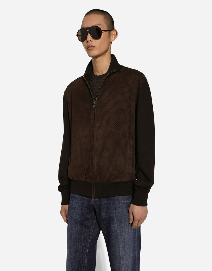 Dolce & Gabbana Jacke mit hohem Kragen aus Wollgarn und Leder Braun GXV16TJFMDS