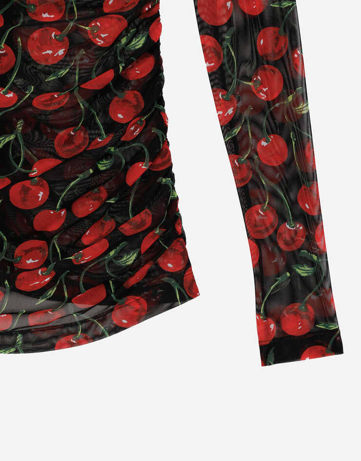 Dolce & Gabbana Langarm-Oberteil aus drapiertem Tüll Kirschenprint Mehrfarbig F8U39TFSUA2