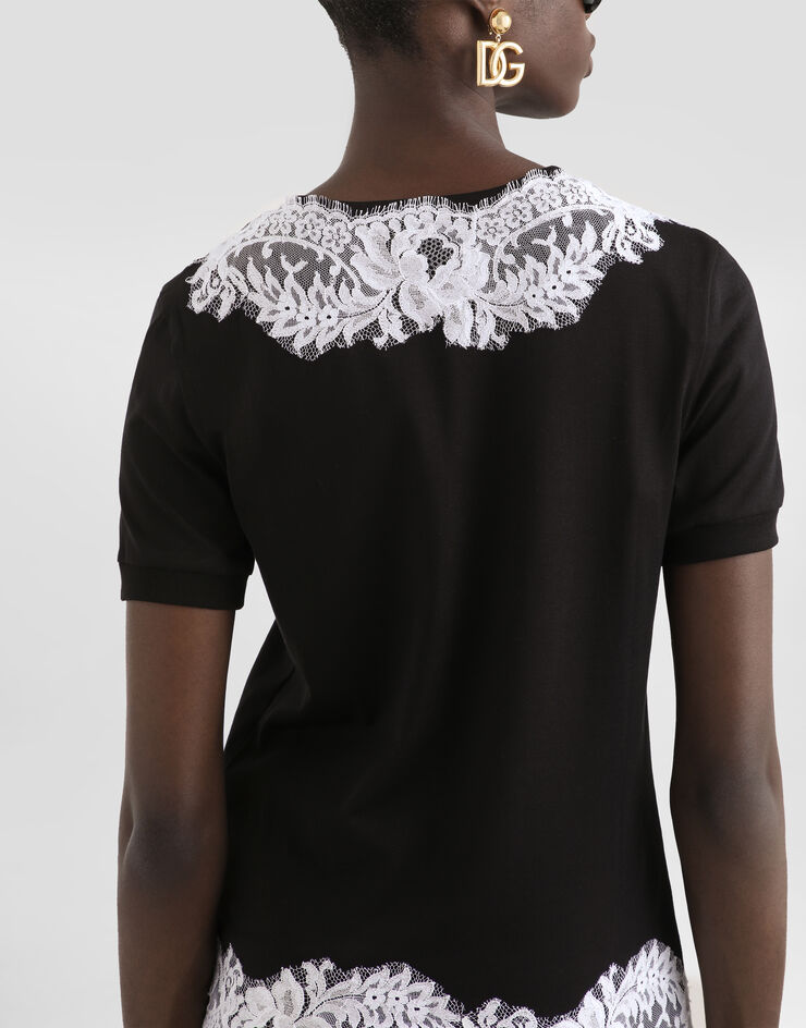 Dolce & Gabbana Jersey t-shirt with lace and DG patch Black F8V66ZGDDBR