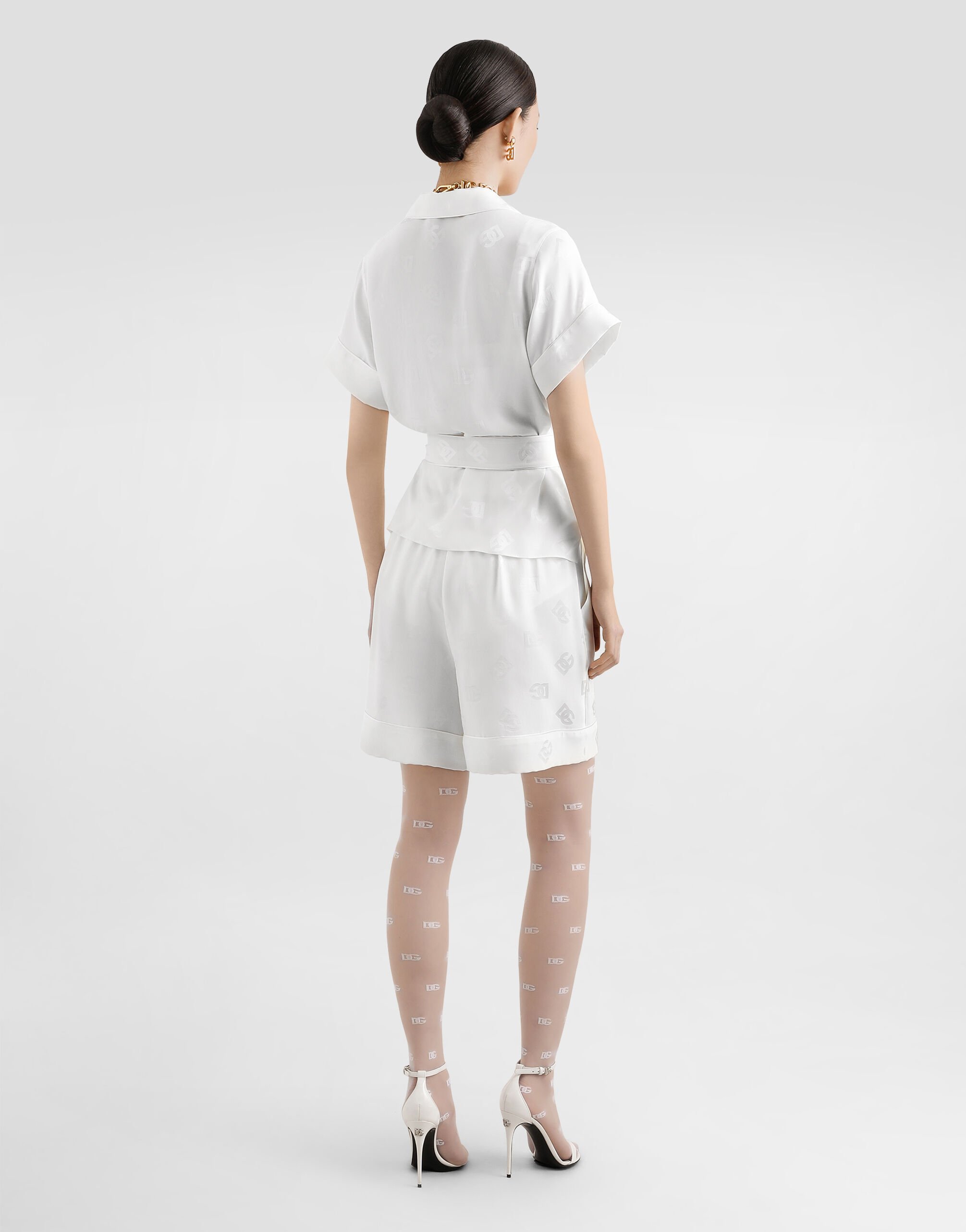 Short-sleeved silk satin jacquard pajama shirt with DG logo in