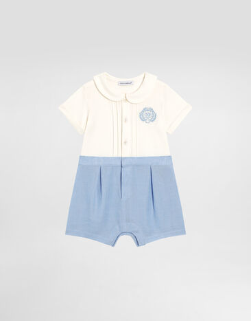 Dolce & Gabbana Short-sleeved interlock and linen romper with embroidery Multicolor L1JOAXG7PEP