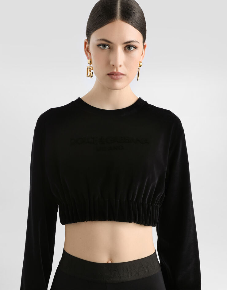 Dolce&Gabbana Sudadera corta de chenilla con bordado de punto bucle Negro F9R30ZGDBZU