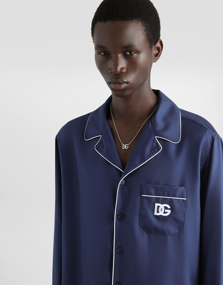 Dolce&Gabbana Silk shirt with DG logo-embroidered patch Blue G5IF1ZGF856