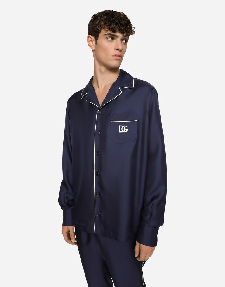 Dolce & Gabbana قميص حرير برقعة بتطريز شعار DG أزرق G5IF1ZGF856
