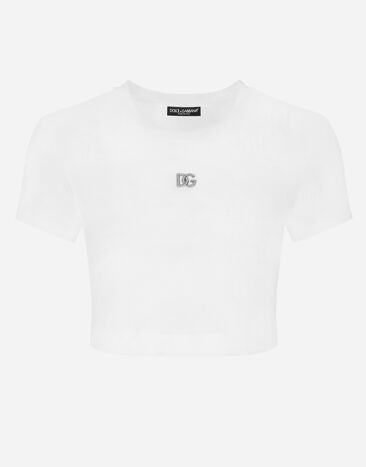 Dolce & Gabbana Cropped jersey T-shirt with DG logo Blue G8PT1TG7F2I