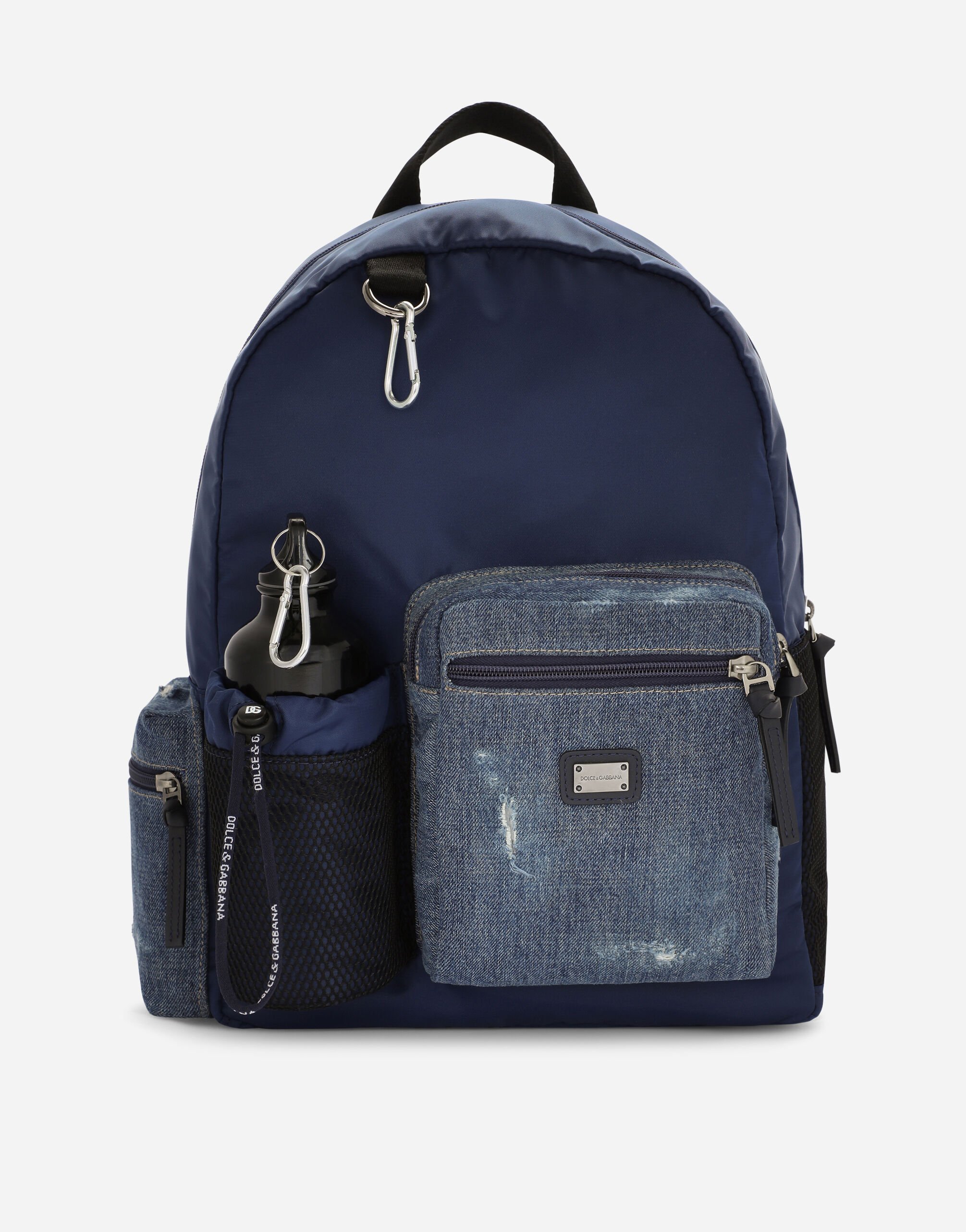 Dolce & Gabbana Denim and nylon backpack with logo tag Blue EM0105AA527