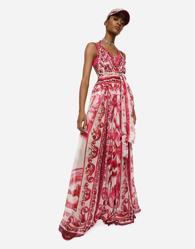Dolce & Gabbana 마욜리카 프린트 민소매 시폰 롱 드레스 멀티 컬러 F6ALPTHI1BX