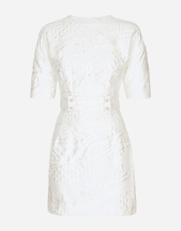 Dolce & Gabbana Kurzes Kleid aus Brokat mit schmalem Gürtel Weiss F6CPKTHJMPA