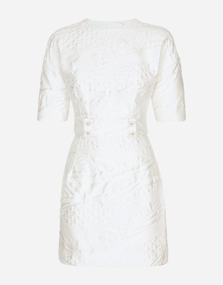 Dolce&Gabbana Short brocade dress with belt White F6CPKTHJMPA