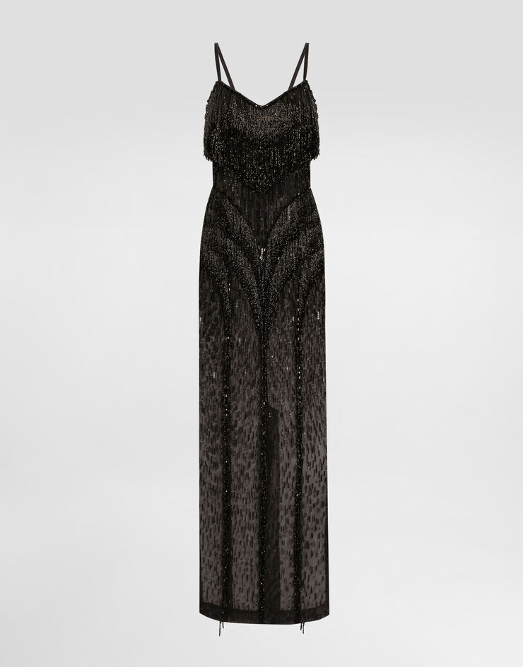 Dolce & Gabbana فستان ماركيزيت طويل مُزين بشراشيب بترتر أسود F6TPAZGDC1E