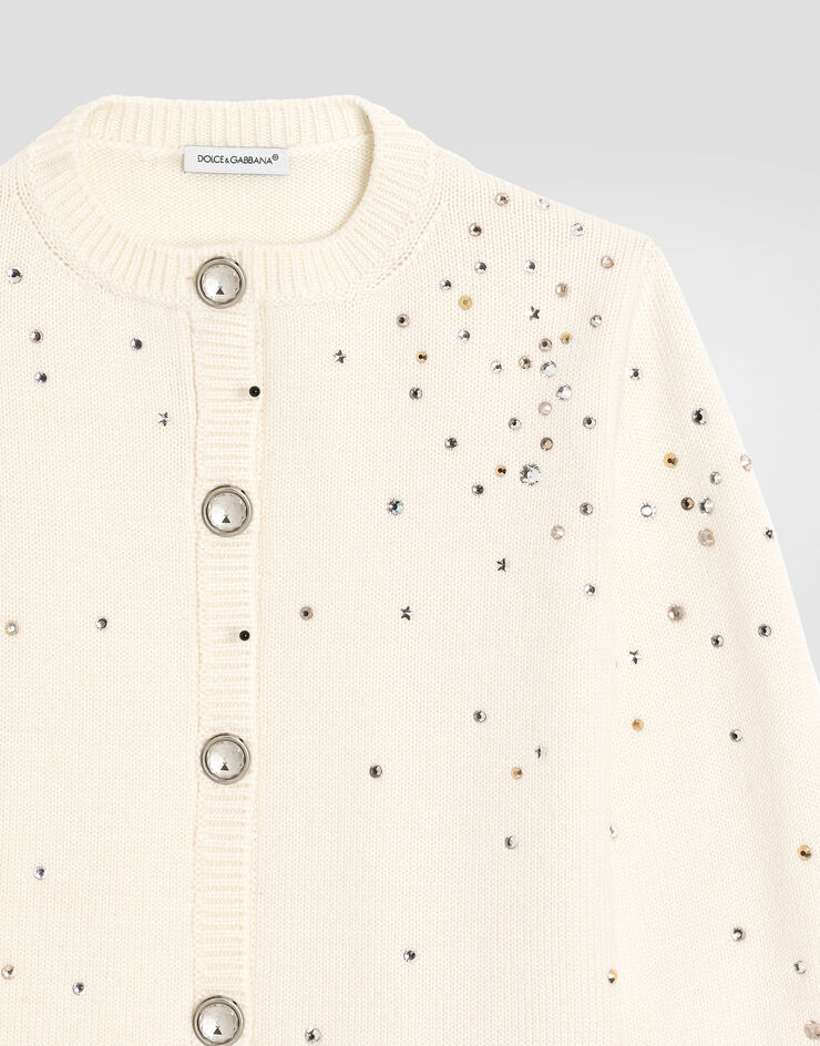 Dolce & Gabbana Stockinette knit wool cardigan with rhinestones Beige L5KWH6JDVFB
